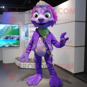 Purple Turtle mascot costume character dressed with a Skinny Jeans and Necklaces