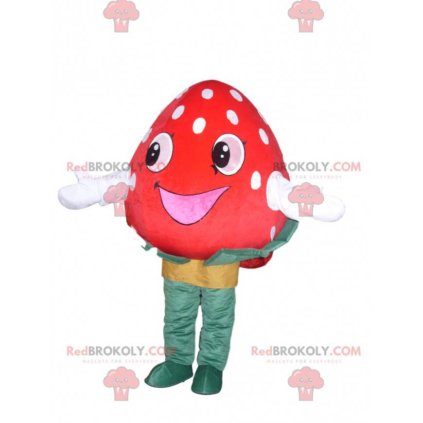 Mascotte de fraise avec un sourire radieux. Costume de fraise -