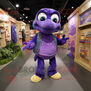 Purple Turtle mascot costume character dressed with a Skinny Jeans and Necklaces