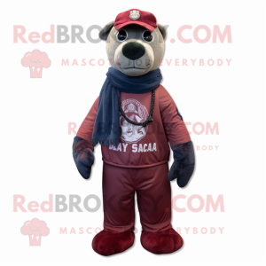 Maroon Navy Seal mascot costume character dressed with a Jeans and Scarves