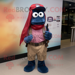 Maroon Navy Seal mascot costume character dressed with a Jeans and Scarves