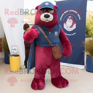 Maroon Navy Seal mascot costume character dressed with a Jeans and Scarves