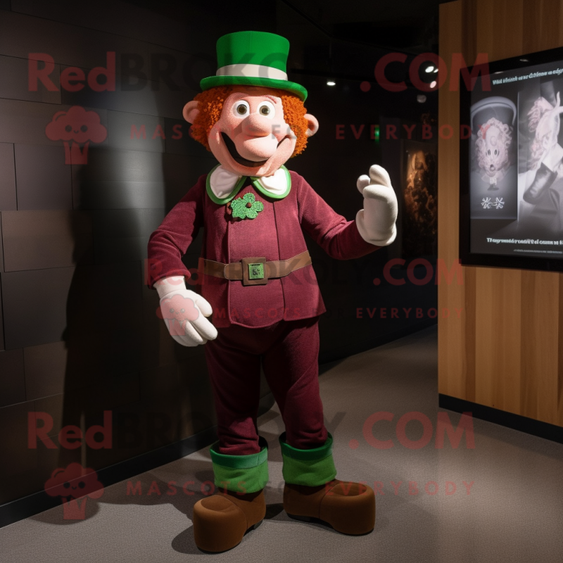 Maroon Leprechaun mascot costume character dressed with a Romper and Suspenders Maroon Leprechaun mascot costume character dressed with a Romper and Suspenders