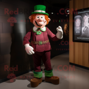 Maroon Leprechaun mascot costume character dressed with a Romper and Suspenders