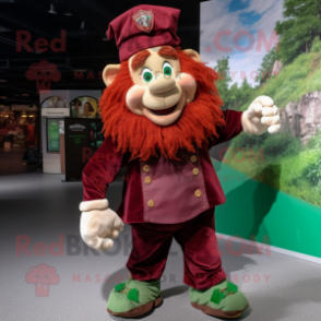 Maroon Leprechaun mascot costume character dressed with a Romper and Suspenders