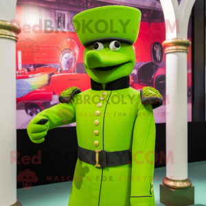 Lime Green British Royal Guard mascot costume character dressed with a Dress Shirt and Mittens