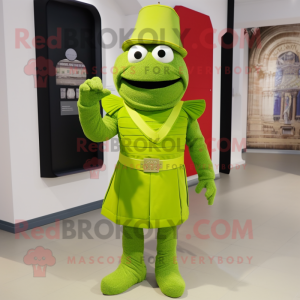 Lime Green British Royal Guard mascot costume character dressed with a Dress Shirt and Mittens