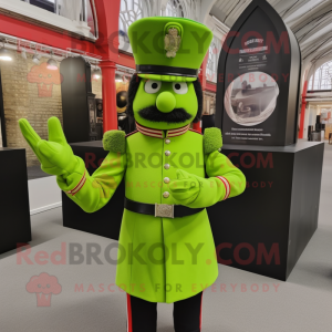Lime Green British Royal Guard mascot costume character dressed with a Dress Shirt and Mittens