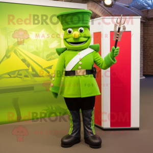 Lime Green British Royal Guard mascot costume character dressed with a Dress Shirt and Mittens