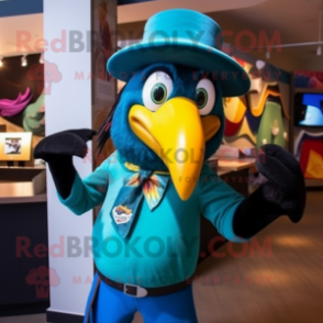 Turquoise Toucan mascot costume character dressed with a Overalls and Tie pins