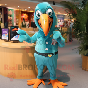Turquoise Toucan mascot costume character dressed with a Overalls and Tie pins