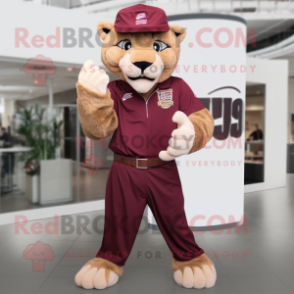 Maroon Smilodon mascot costume character dressed with a Jeggings and Hats