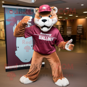Maroon Smilodon mascot costume character dressed with a Jeggings and Hats