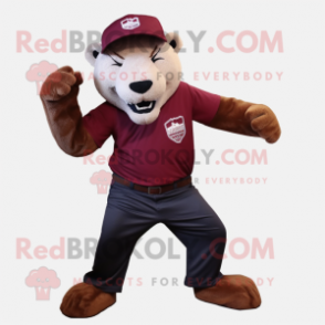 Maroon Smilodon mascot costume character dressed with a Jeggings and Hats