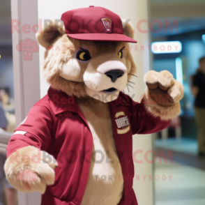 Maroon Smilodon mascot costume character dressed with a Jeggings and Hats