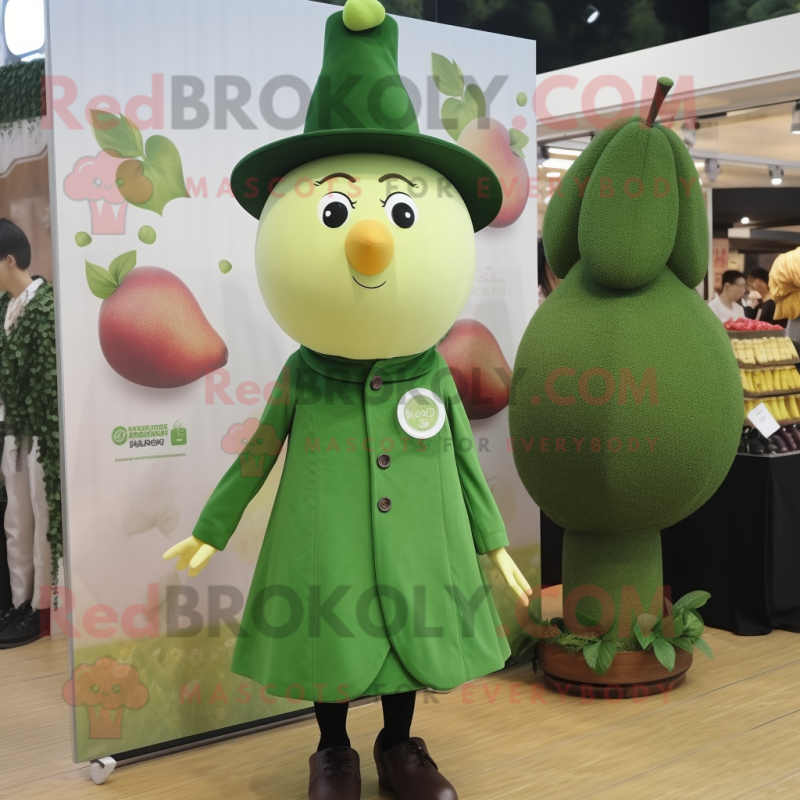 Forest Green Plum mascot costume character dressed with a Sheath Dress and Berets