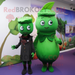 Forest Green Plum mascot costume character dressed with a Sheath Dress and Berets