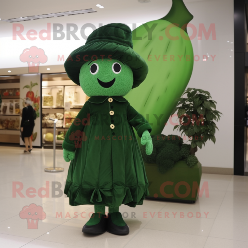 Forest Green Plum mascot costume character dressed with a Sheath Dress and Berets Forest Green Plum mascot costume character dressed with a Sheath Dress and Berets