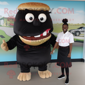 Black Pulled Pork Sandwich mascot costume character dressed with a Dress Pants and Anklets