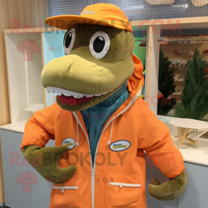 Peach Loch Ness Monster mascot costume character dressed with a Parka and Hats