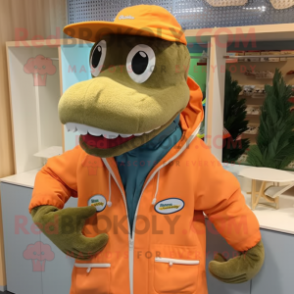 Peach Loch Ness Monster mascot costume character dressed with a Parka and Hats