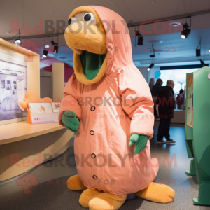 Peach Loch Ness Monster mascot costume character dressed with a Parka and Hats