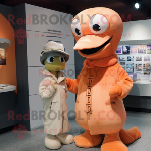 Peach Loch Ness Monster mascot costume character dressed with a Parka and Hats