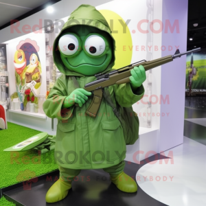 Green Sniper mascot costume character dressed with a Raincoat and Rings