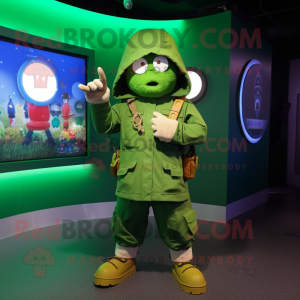 Green Sniper mascot costume character dressed with a Raincoat and Rings