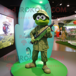 Green Sniper mascot costume character dressed with a Raincoat and Rings