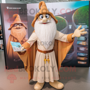 Tan Wizard mascot costume character dressed with a T-Shirt and Brooches