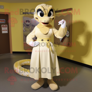 Cream Snake mascot costume character dressed with a A-Line Skirt and Shoe laces