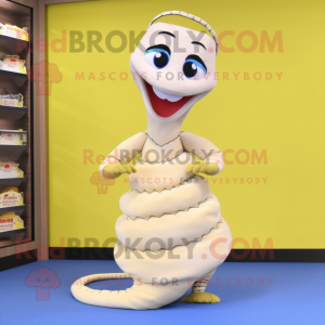 Cream Snake mascot costume character dressed with a A-Line Skirt and Shoe laces