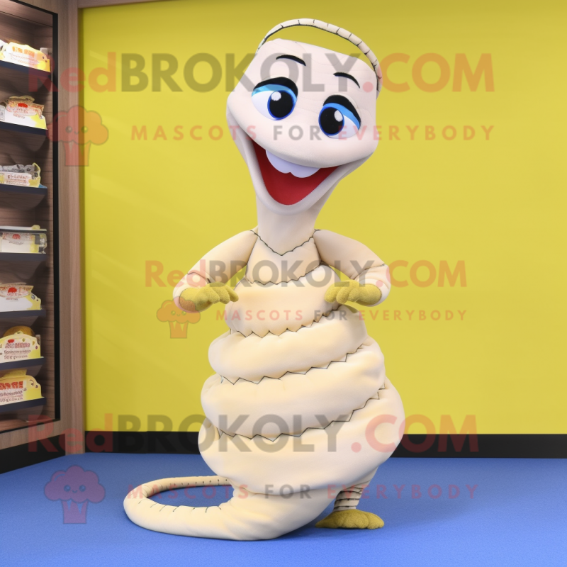 Cream Snake mascot costume character dressed with a A-Line Skirt and Shoe laces Cream Snake mascot costume character dressed with a A-Line Skirt and Shoe laces