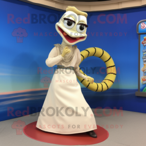 Cream Snake mascot costume character dressed with a A-Line Skirt and Shoe laces