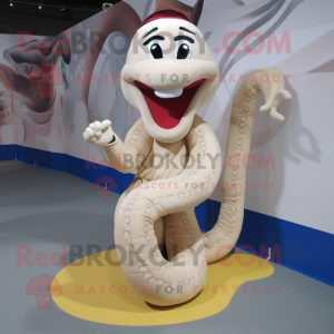 Cream Snake mascot costume character dressed with a A-Line Skirt and Shoe laces