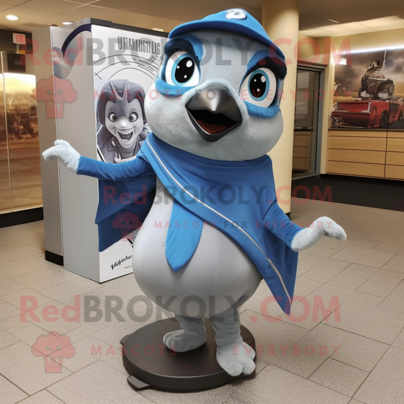 Gray Blue Jay mascot costume character dressed with a Turtleneck and Wraps Gray Blue Jay mascot costume character dressed with a Turtleneck and Wraps