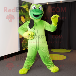 Lime Green Anaconda mascot costume character dressed with a Jeggings and Ties