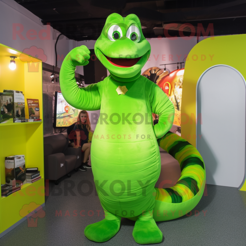 Lime Green Anaconda mascot costume character dressed with a Jeggings and Ties