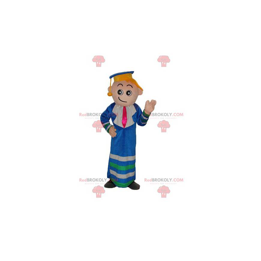 Graduated boy mascot with a gown and a blue cap - Redbrokoly.com