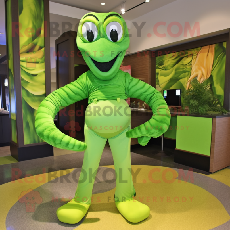 Lime Green Anaconda mascot costume character dressed with a Jeggings and Ties