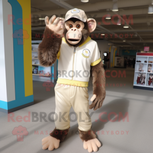 Beige Chimpanzee mascot costume character dressed with a T-Shirt and Gloves