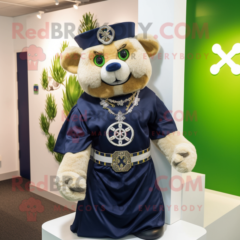 Navy Celtic Cross mascot costume character dressed with a Romper and Necklaces Navy Celtic Cross mascot costume character dressed with a Romper and Necklaces
