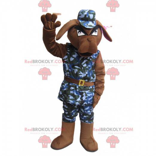 Arg brun hundmaskot med militärdräkt - Redbrokoly.com