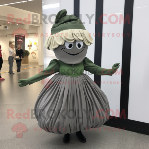 Gray Pesto Pasta mascot costume character dressed with a Pleated Skirt and Berets