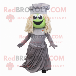 Gray Pesto Pasta mascot costume character dressed with a Pleated Skirt and Berets