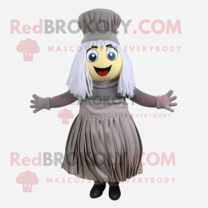 Gray Pesto Pasta mascot costume character dressed with a Pleated Skirt and Berets