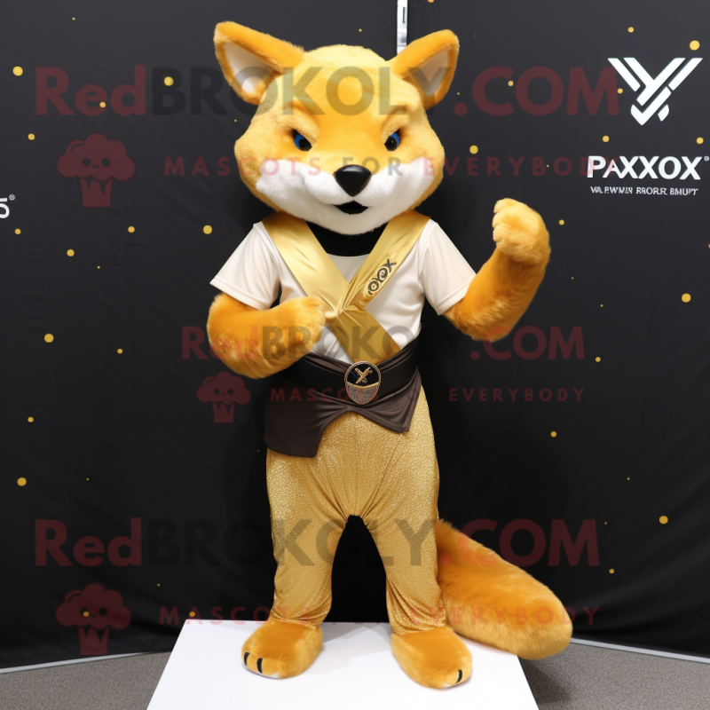 Gold Fox mascot costume character dressed with a V-Neck Tee and Belts