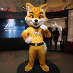 Gold Fox mascot costume character dressed with a V-Neck Tee and Belts