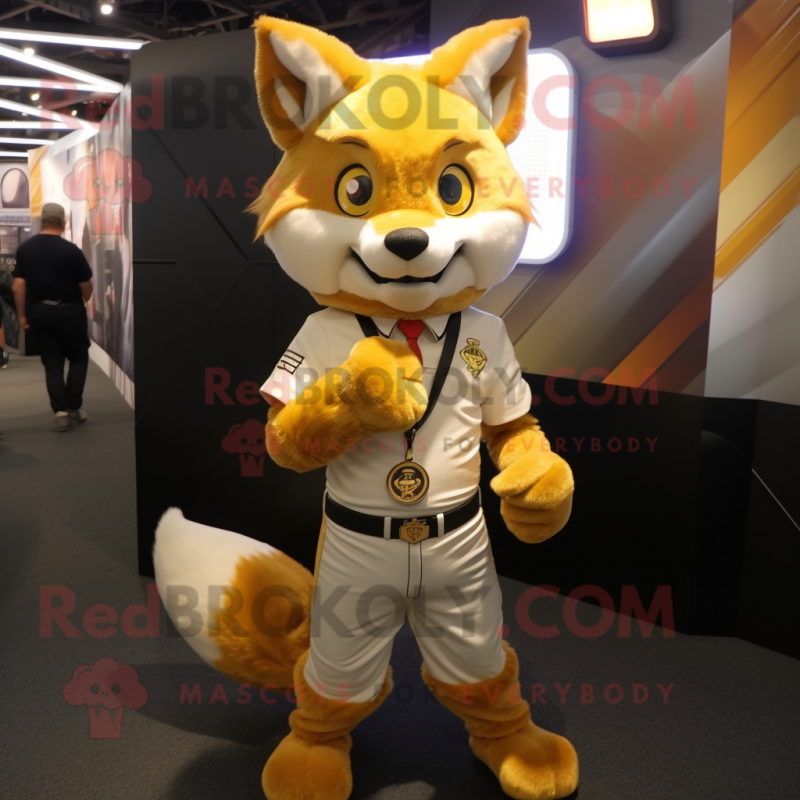 Gold Fox mascot costume character dressed with a V-Neck Tee and Belts